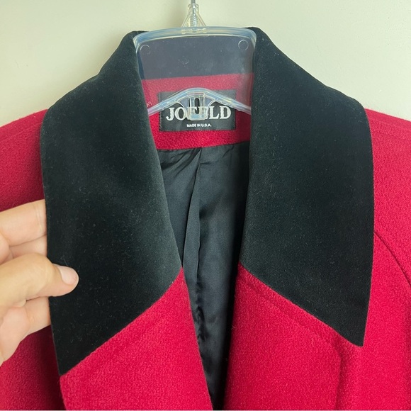 Vintage Jofeld Long Wool Coat Velvet Collar Pockets Red Black Large Old Money - Picture 4 of 16